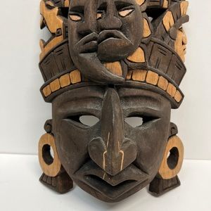 Vintage wooden face mask hand carved Mexico maya Aztec w/ symbolism moon sun